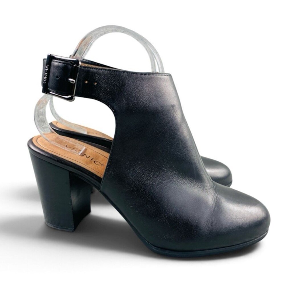 Vionic Lacey Womens Shoe 7 Wide Black Leather Slingback Ankle Booties Block Heel